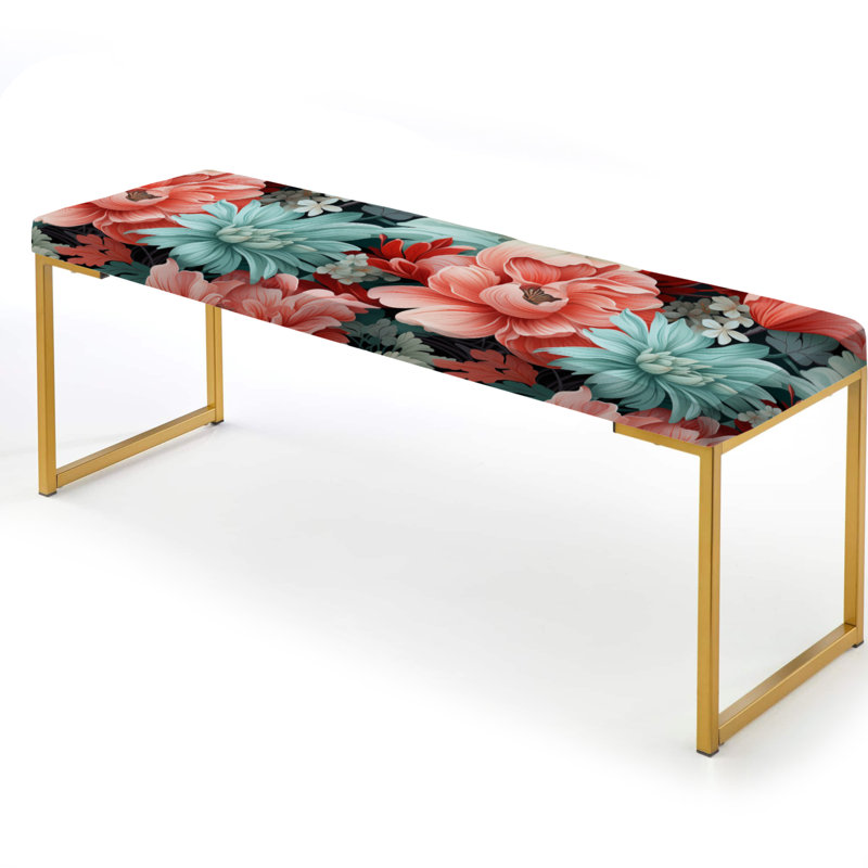 Upholstered Gold Bench, Coral Serenade Tropical Pattern III