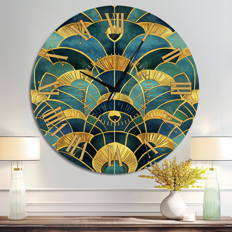 Horloge murale surdimensionnée en métal, motif éventail paon, bleu sarcelle doré, Surdimensionné