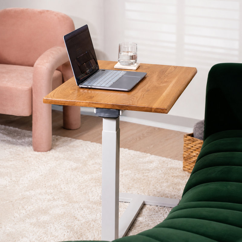 Bureau mobile réglable pour ordinateur portable en chêne blanc massif avec roulettes dissimulées