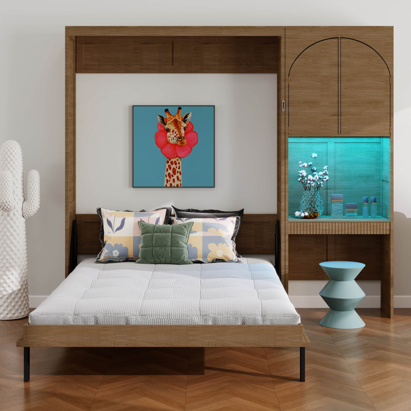 Lit escamotable avec bureau, armoire de rangement, lumière DEL, tiroir, lit escamotable mural, lit escamotable peu encombrant