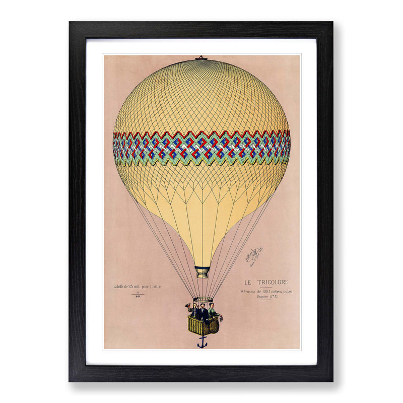 Tri-Colour Hot Air Balloon in Paris - Picture Frame Painting Print on MDF, 50cm H x 35cm W x 2cm D, Black