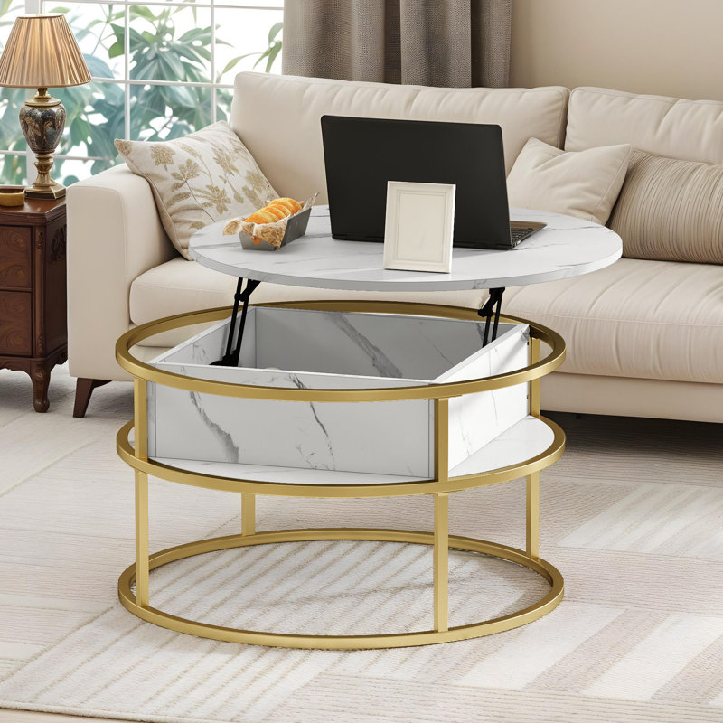 Rothwell Lift Top  Coffee Table ,Extendable Round Cocktail Table, Gold, White Marble, 62.5cm H x 60cm W x 60cm D