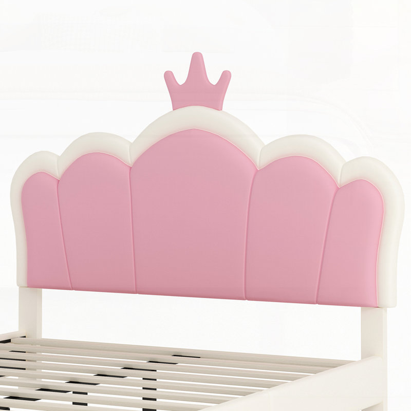 Lit princesse rembourré avec tête de lit couronne, lit plateforme avec tête de lit et pied de lit, Double, Blanc / rose