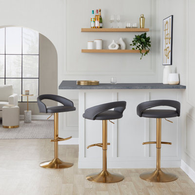 Tabouret de bar réglable en métal doré et similicuir gris avec repose-pieds arrondi en T - ensemble de 2