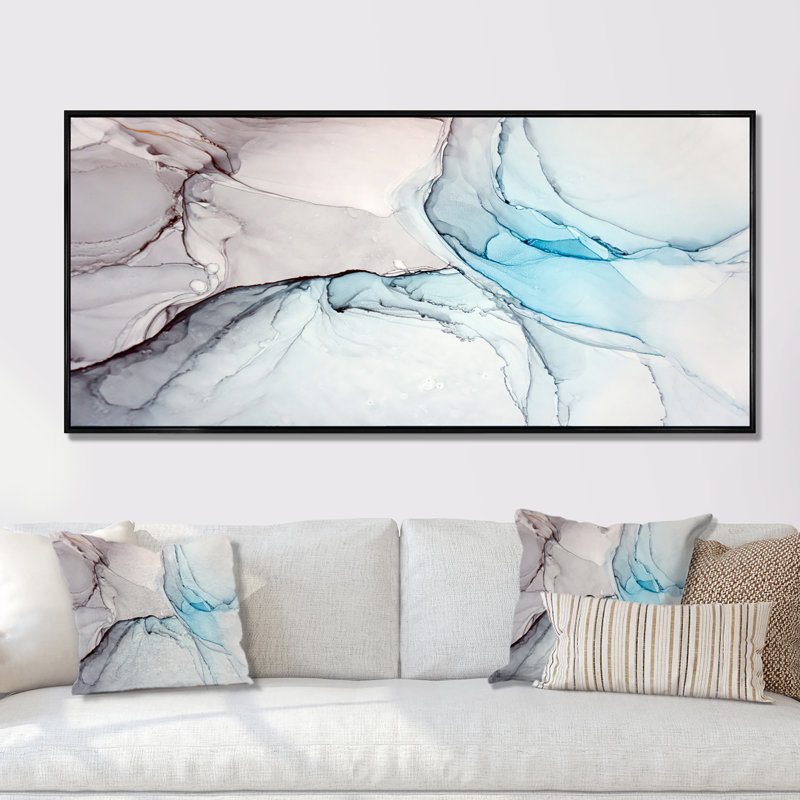 Luxry Blue and Grey Marble Art Ripples III - peinture sur toile, H 30 po x l 40 po x P 1,5 po, Cadre noir