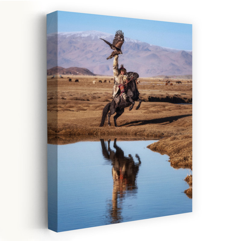 Aigle royal, chasseur, reflet, oiseau traditionnel, aigle, cheval, paysage, montagne, art mural, H 48 po x l 32 po
