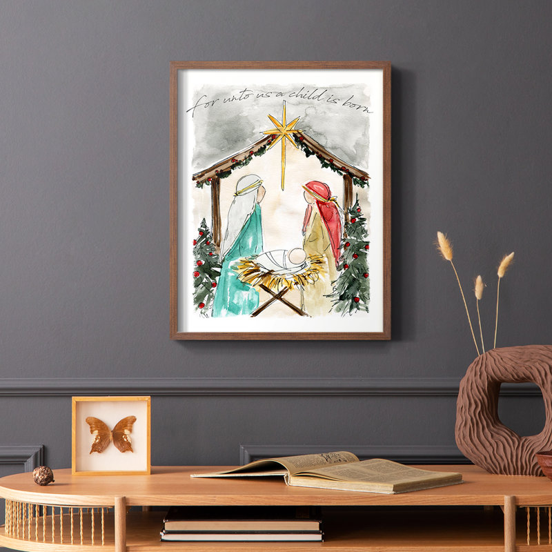 «Unto Us A Child is Born», reproduction encadrée - bois massif, Brun, H 14 po x l 11 po