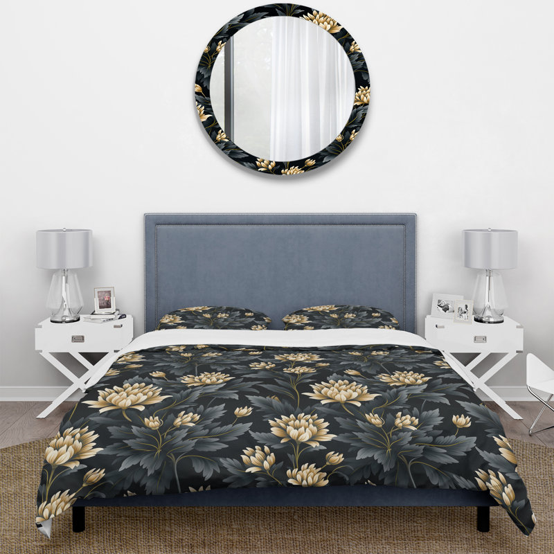 Ensemble de housse de couette noir et beige damassé opulence I, Housse de couette pour grand lit et 2 taies décor