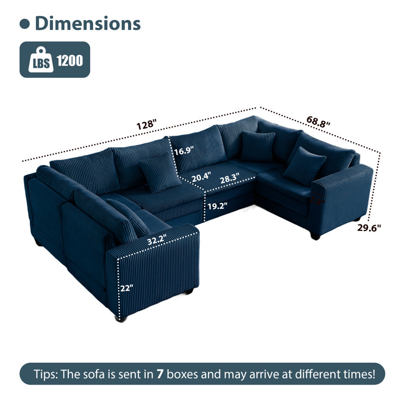 Canapé modulaire en forme de U 128 po Comfy Corduroy, Velours côtelé bleu