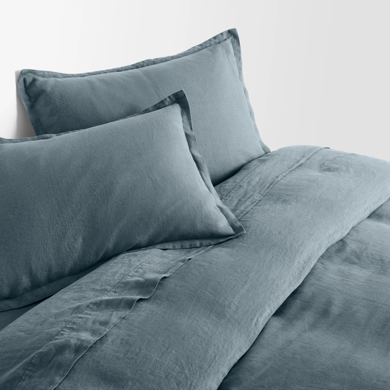 Stone Washed Linen Duvet Cover, Queen Duvet Cover + 2 Queen Shams, Gray Blue