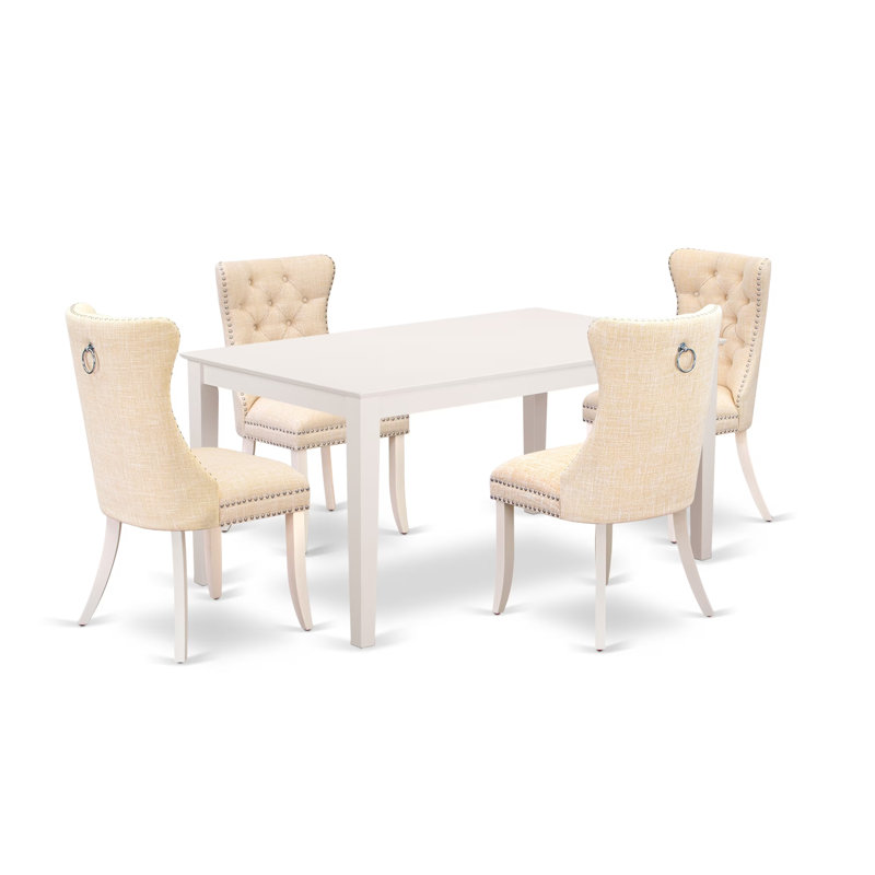 L'ensemble 5 pièces de table et chaises de cuisine contient une table de salle à manger rectangulaire et 4 chaises rembourrées en tissu de polyester, 36 x 60 pouces, lin blanc