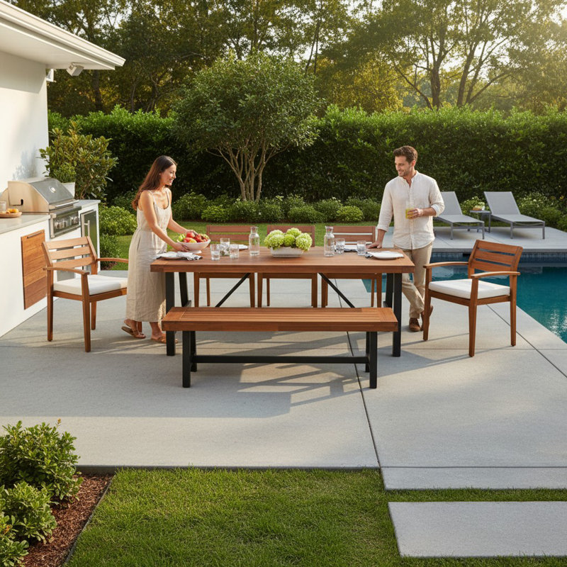 Jelyssa 8 - Person Acacia Solid Wood Patio Dining Set Rectangular Table with Cushions Included