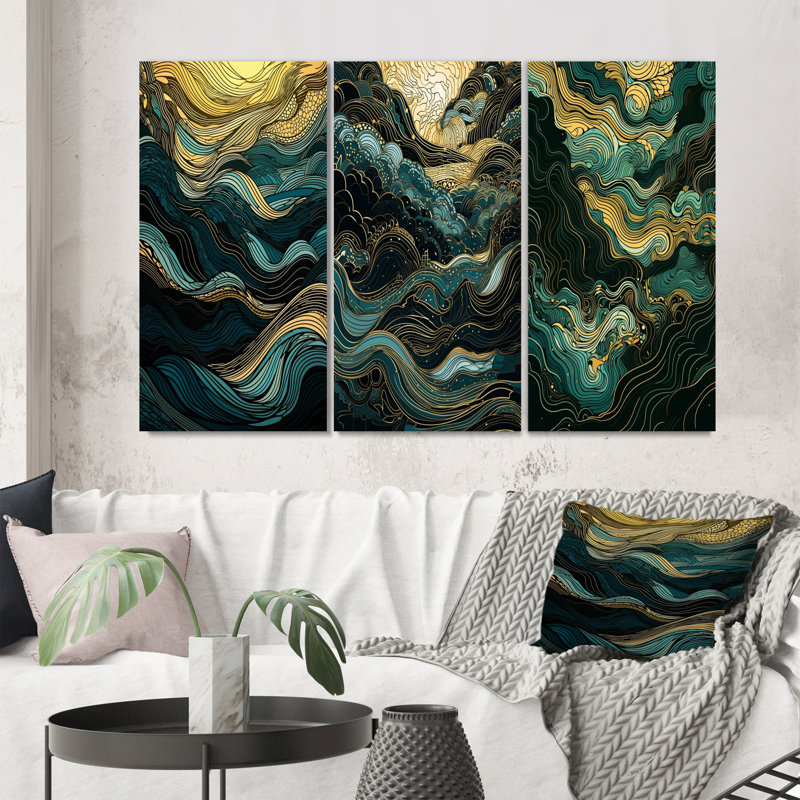 «Green Linear Symphony», 3 pièces sur toile, Toile tendue, H 20 po x l 36 po