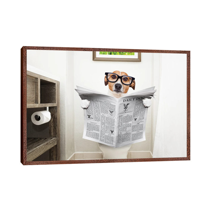 Dog on Toilet Seat Reading Newspaper I 1 Piece Wall Art on Canvas, 101.6cm H x 152.4cm W x 3.81cm D