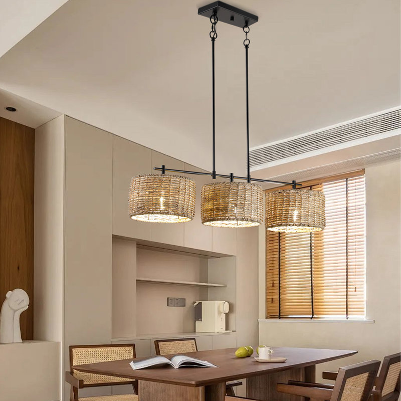 3-Light Modern Farmhouse Black Finish Drum Chandelier With Rattan Woven Shade