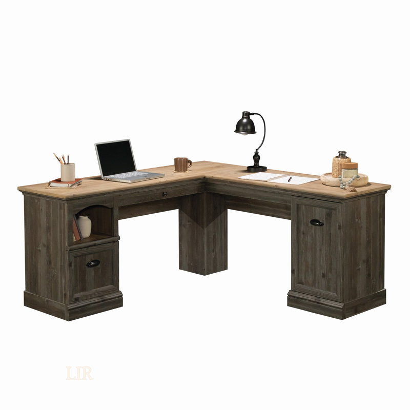 Bureau en L avec finition brune, peu encombrant pour le travail et les jeux, comprend un plateau à clavier coulissant et un tiroir classeur.