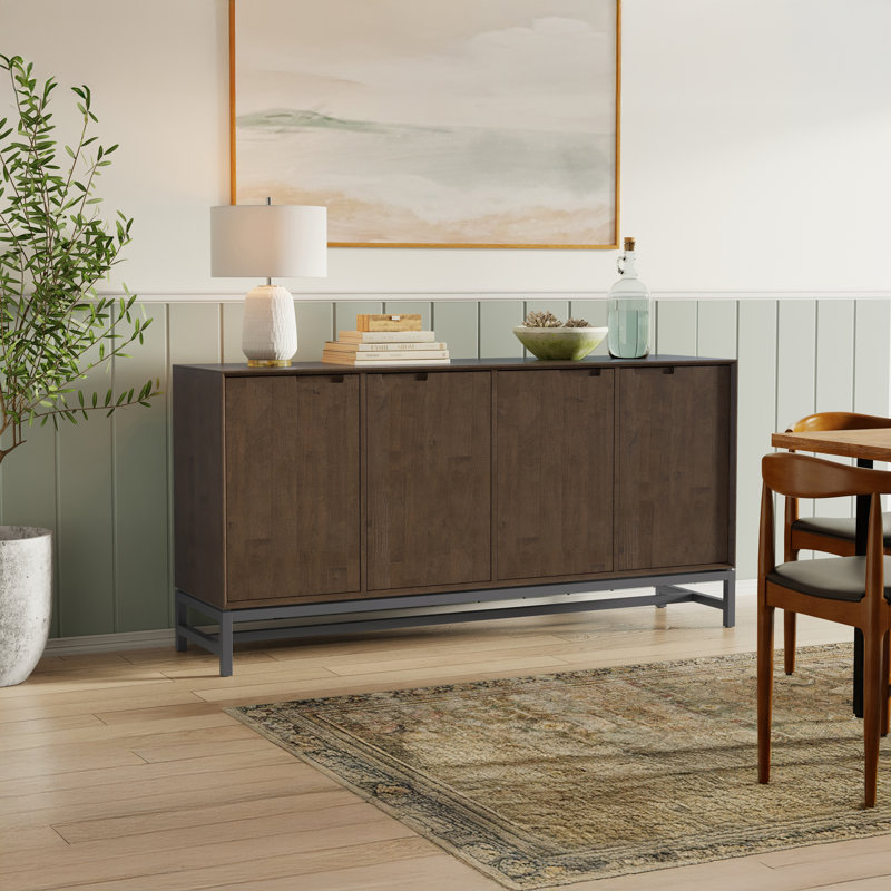 Banting 72"W Solid Wood Modern Industrial 4-Door Sideboard Buffet with Adjustable Shelves and Metal Base