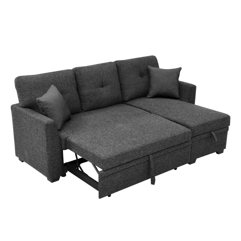 Canapé modulaire 76,5 po en mélange de lin à 3 places avec lit escamotable, rangement pour chaise longue réversible, conception, coussins en mousse mi-ferme, noir anthracite, assise facile à assembler, rapide