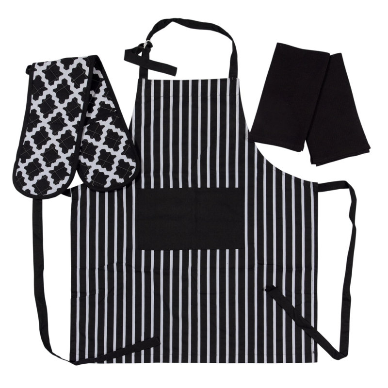 Brambly Cottage Hoppe Striped 100% Cotton Potholder & Oven Mitt Set, Black