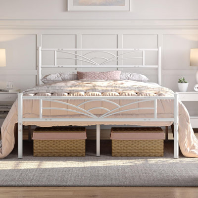 White Metal Platform King Bed Frame With Decorative Headboard, Heavy Duty Steel Slats, No Box Spring Required