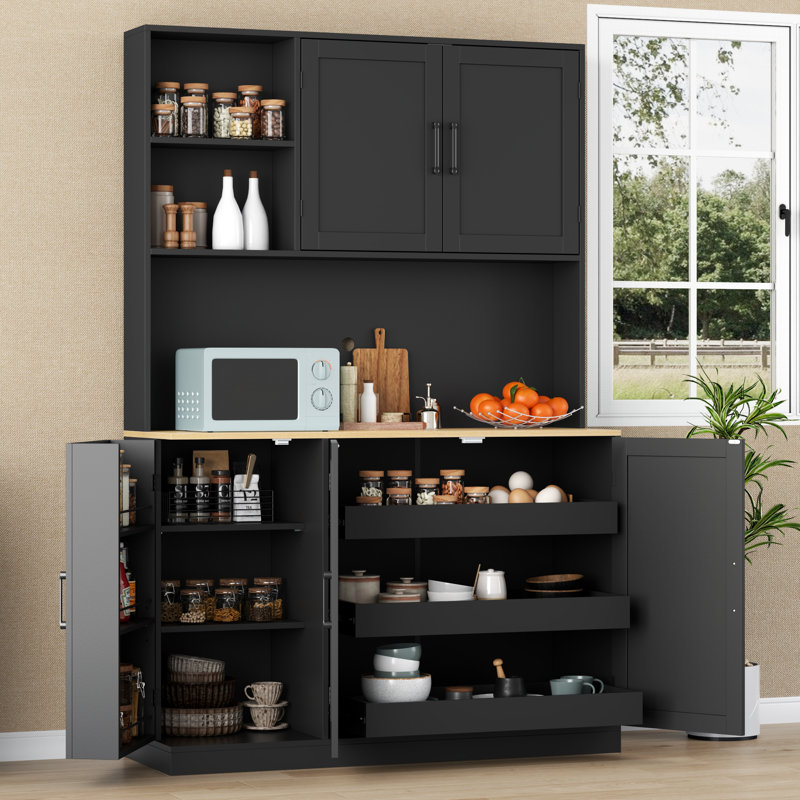 Armoire de cuisine 71 po avec 3 tiroirs coulissants, blanc, Noir satiné