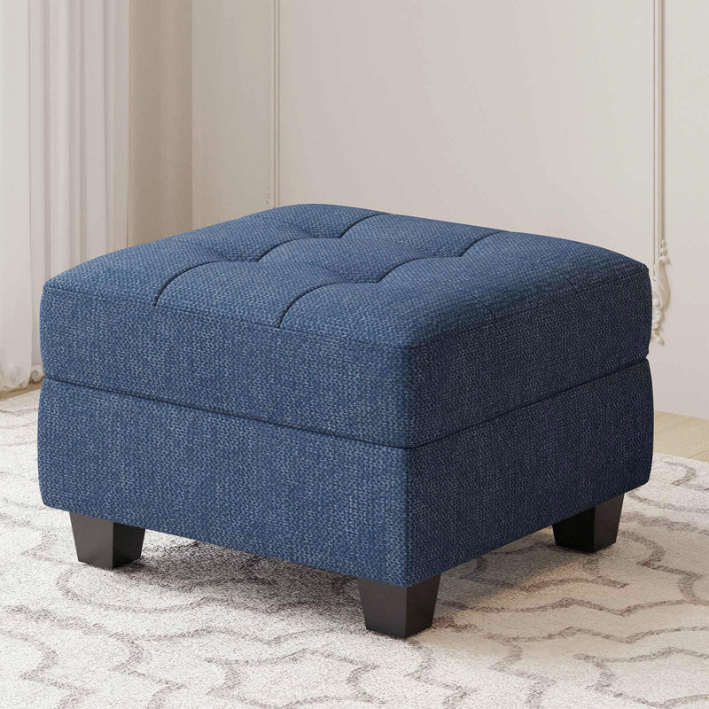 Repose-pieds rembourré en lin et velours Buckleton, Lin bleu