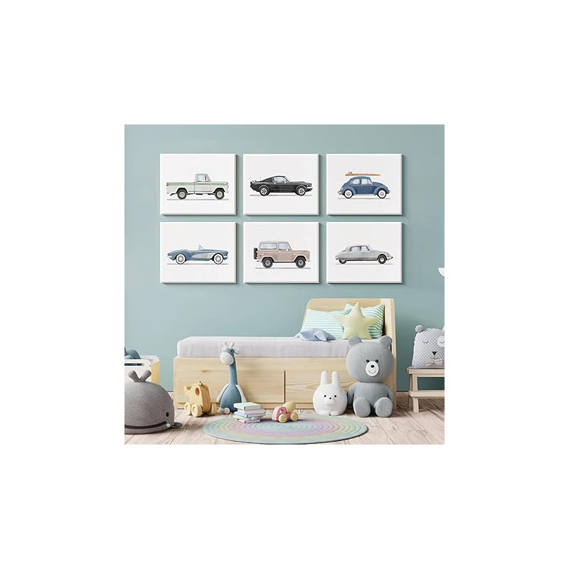 Car Wall Art Decor Boys Room Wall Art Vintage Cars Canvas Poster Toddler Kids Room Wall Art Watercolor Car Pictures Prints For Bedroom Nursery 8X10 Inch Framed Set Of 6