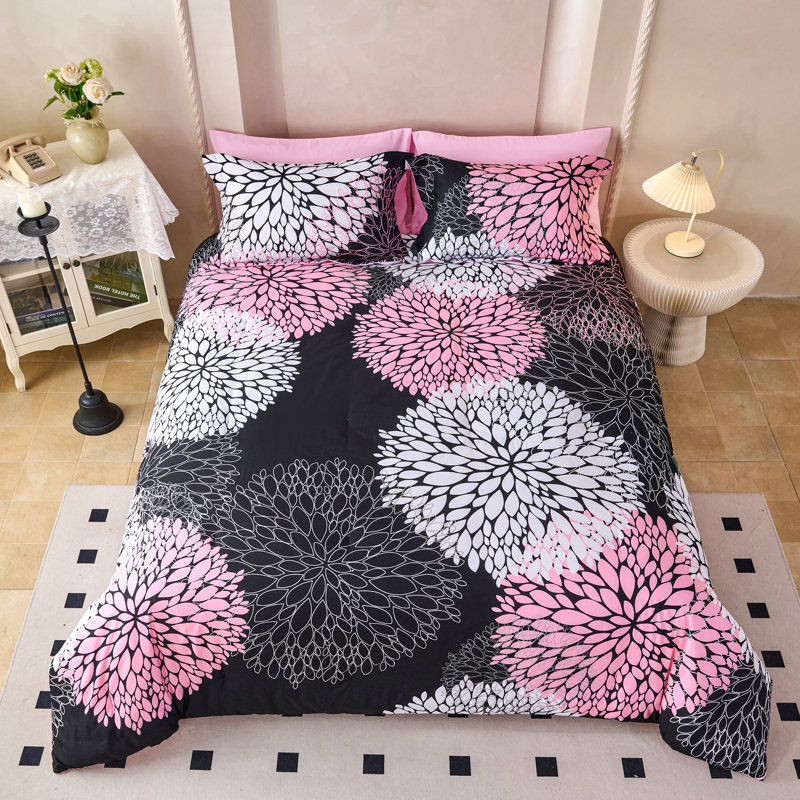 Ensemble d'édredon à motif floral noir et rose 8 pièces Koniroom, lit fleur réversible dans un sac, Noir