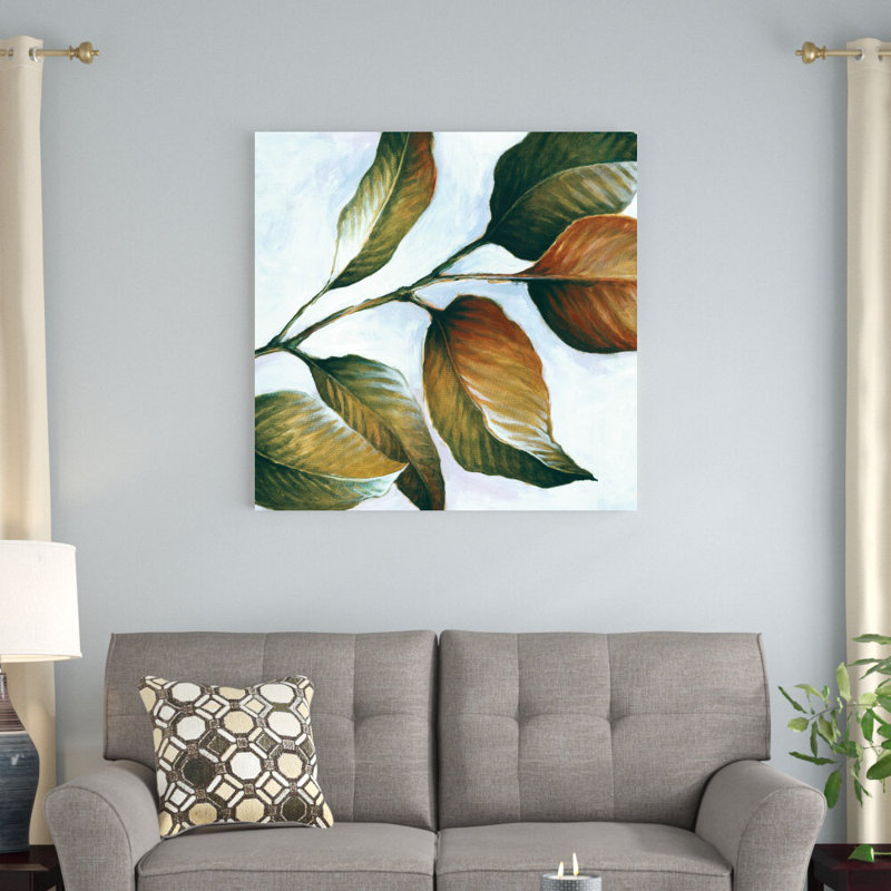 Reproduction d’art sur toile tendue vert et jaune feuilles, H 36 po x l 36 po
