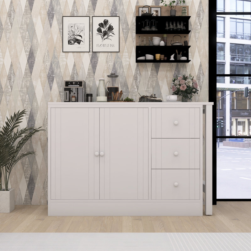 89.7" Wooden Sideboard With Extendable Table - Multi-functional Storage Cabinet For Living Room & Kitchen, White
