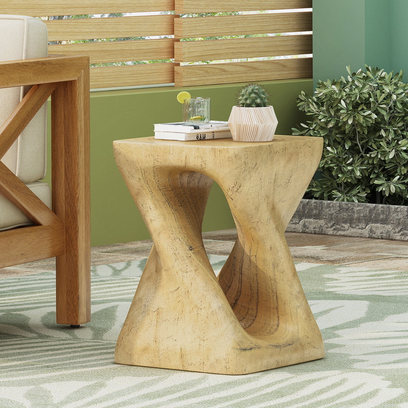 Table d'appoint MGO Twist Shape, texture semblable au bois, couleur naturelle, durable et résistante aux intempéries pour une utilisation intérieure et extérieure