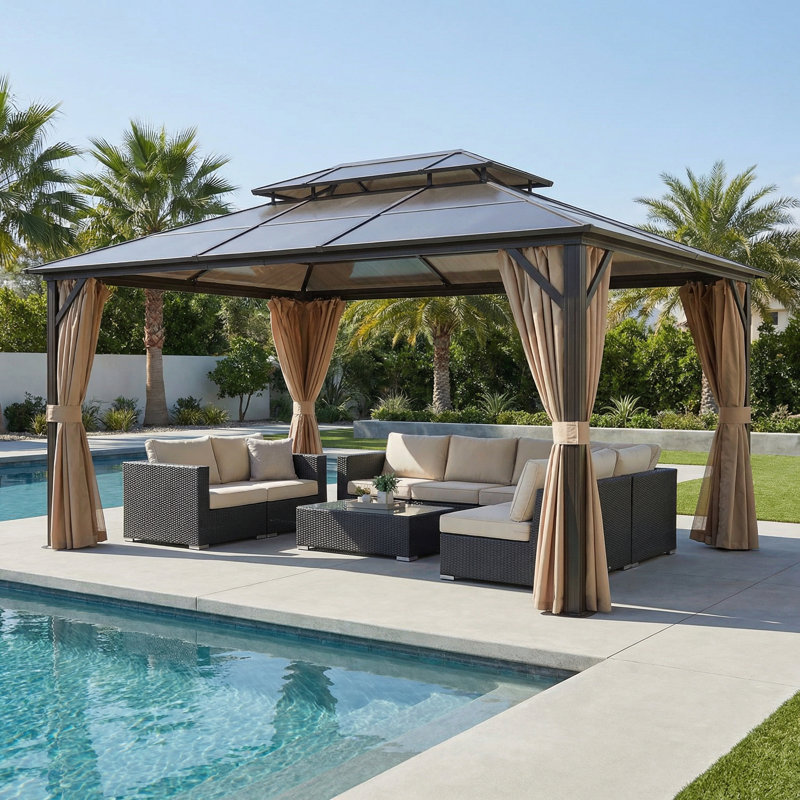 Pavillon de jardin à toit rigide 10 pi x 13 pi avec 8 rideaux et filet, auvent de patio extérieur avec cadre en aluminium robuste et installation facile pour le jardin, bronze brun