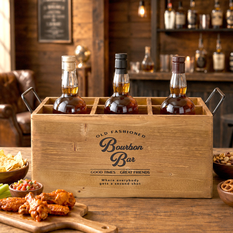 Caisse en bois pour 6 bouteilles de bourbon avec poignées en métal, porte-bières rustique, porte-bouteilles vintage et organisateur de rangement en bois pour bar à domicile, salle de jeux, cuisine, chalet et décoration de ferme
