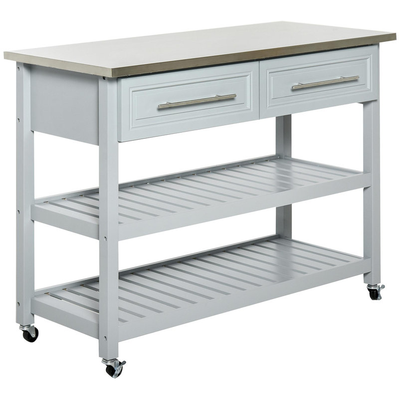 Îlot de cuisine avec plateau en acier inoxydable, îlot de cuisine traditionnel avec rangement, tablettes ouvertes à 2 niveaux, tiroirs, gris clair