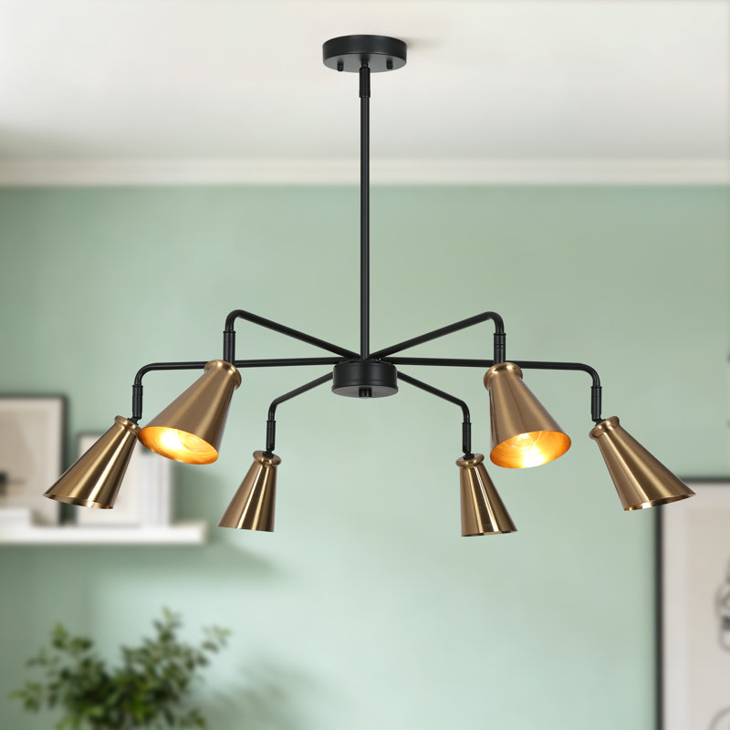 Lustre spoutnik moderne noir et or à 6 lumières Izell avec 4 tiges réglables en hauteur Izell