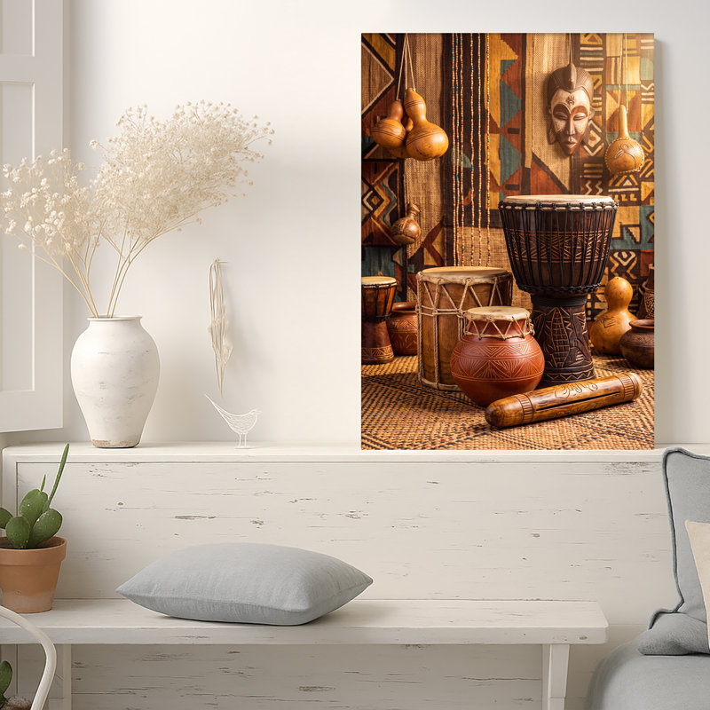 Art mural sur toile "Tambours de terre et masque africain", 36"H x 24"W