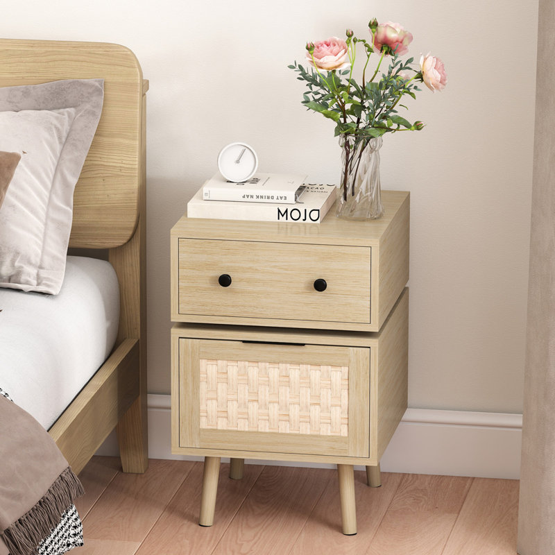 15.75'' W Mid-Century Modern 2-Drawer Nightstand with Rattan Accent and Solid Wood Legs, Natural Finish