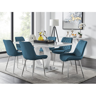 Scottsmoor Modern High Gloss Halo 6 Seater Dining Table Set with Luxury Velvet Dining Chairs