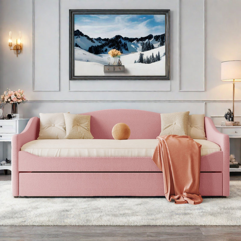 Upholstered Daybed With Led Light And Trundle, Pink