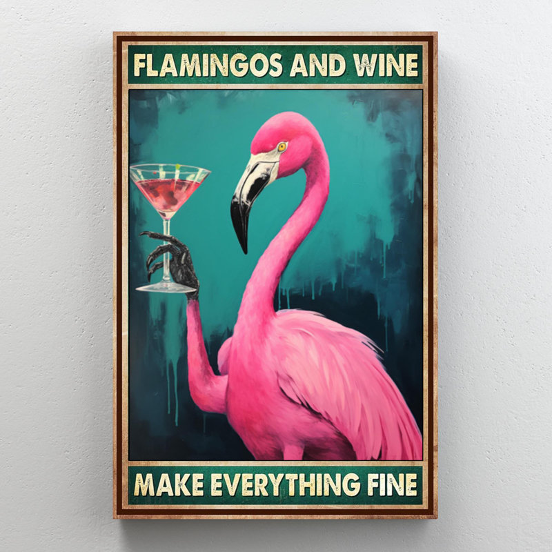 Flamants roses et vin sur toile, H 36 po x l 24 po x P 1,25 po