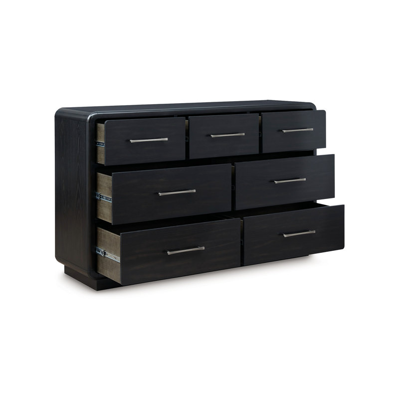 Commode large Robeck, 7 tiroirs, noir 64 po, poignées en métal argenté