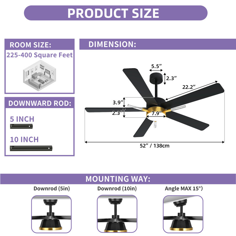  Ventilateurs de plafond de 42 po / 52 po avec lumières et télécommande, 52 po de largeur