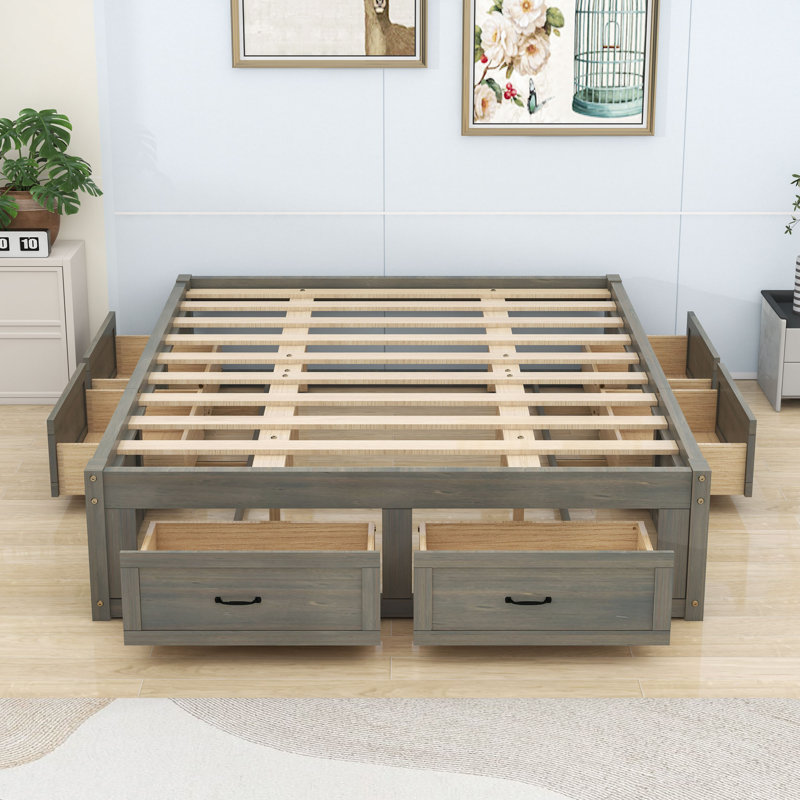 Wooden Platform Bed with 6 Drawers, Antique Gray, Queen