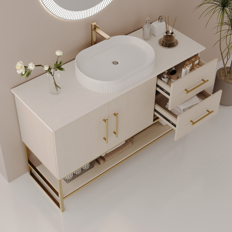 Meuble-lavabo moderne 47,2 po avec lavabo vasque en céramique, armoire autoportante dorée