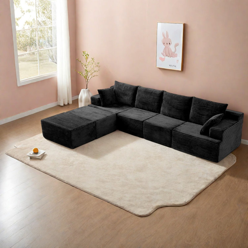 Canapés modulaires à compression surdimensionnés, velours côtelé noir de 131 pouces, maison moderne, Noir
