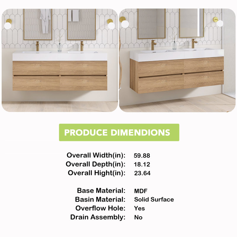 Ensemble de meuble-lavabo double 60 po avec surface solide 60 po, Chêne, 60"