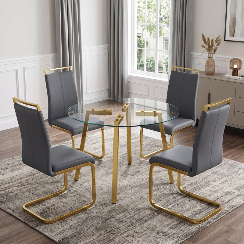 5-Piece 42" Modern Elegant Round Tempered Glass Dining Set with Cantilever Chairs, 5 Pieces: 1 Table, 4 Chairs, Gray