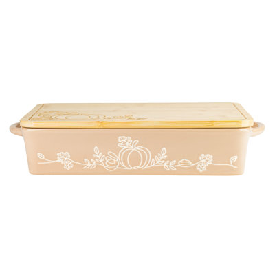 10 Strawberry Street Pumpkin Vine Wax Resist Rectangular Baker with Embossed Bamboo Lid, Autumn Oat