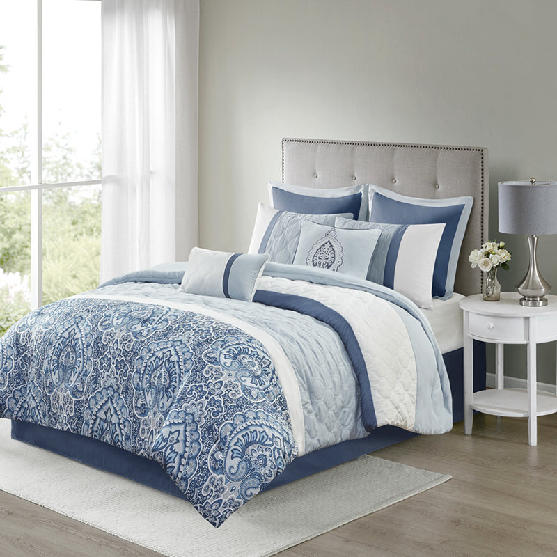 Édredon très grand 8 pièces, imprimé bleu, rembourrage, 2 taies décoratives, coussins décoratifs, rembourrage 8, lavable à la machine et froissé