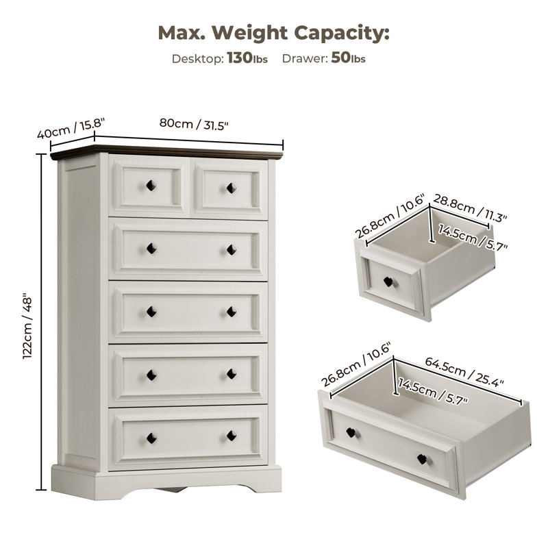 Farmhouse 6 Drawer Tall Dresser for Bedroom, Living Room, Hallway, Antique White/Walnut